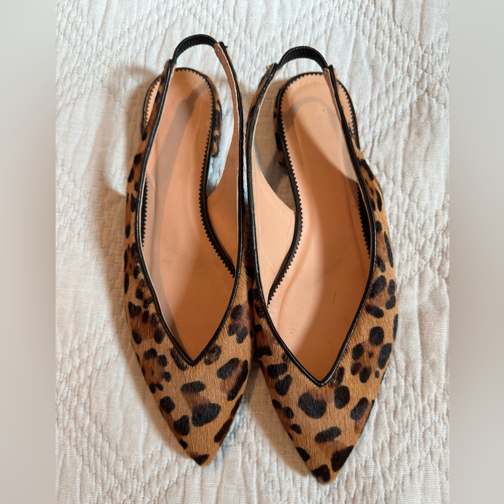 J Crew Pointed Toe Leopard Calf Hair Slingback Flats 8.5